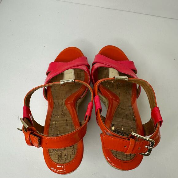 Sofft Womens size 7 Pedra Platform Patent Leather Pink Orange Heel Wedge Sandals - Picture 3 of 10